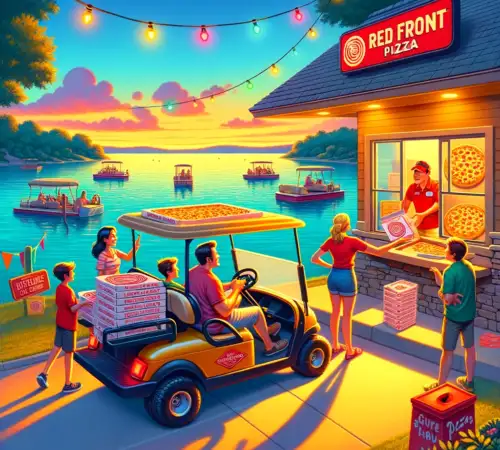 DALL·E 2024-02-14 16.42.44 - Revise the vibrant, cartoon-style image to include the 'Red Front Pizza' branding prominently on the packaging in the golf cart as a family pulls up t